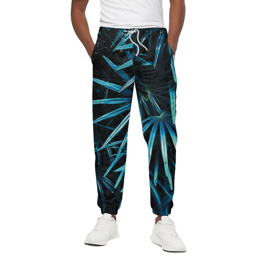 Turquoise Tropical Leaves Print Cotton Pants