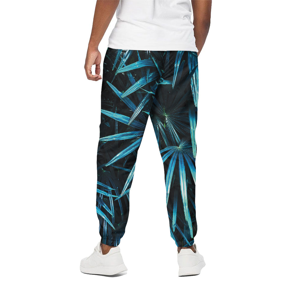 Turquoise Tropical Leaves Print Cotton Pants