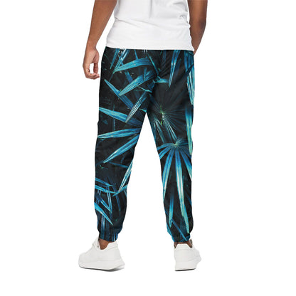 Turquoise Tropical Leaves Print Cotton Pants