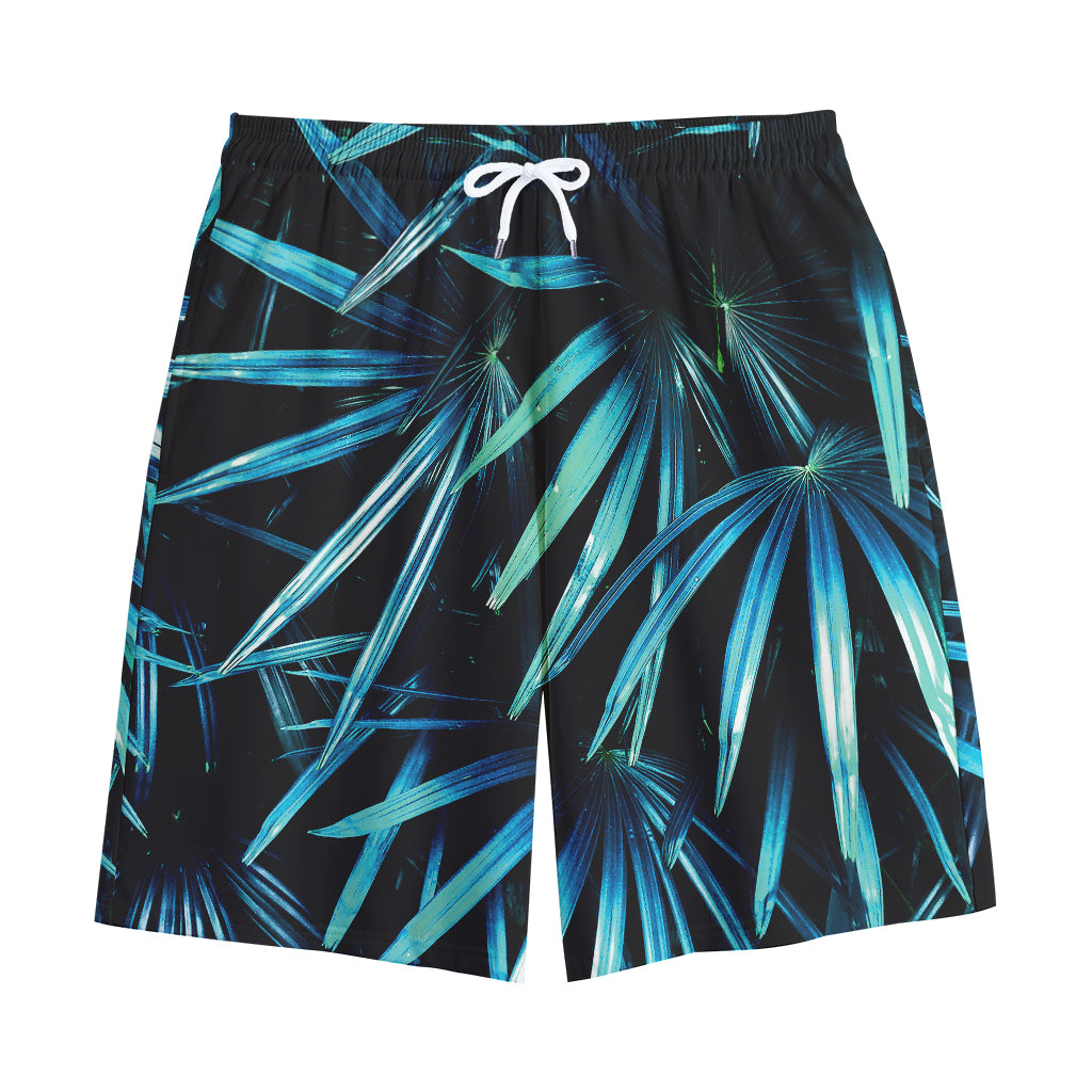 Turquoise Tropical Leaves Print Cotton Shorts