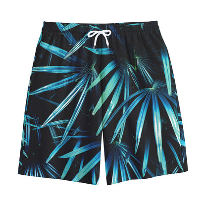 Turquoise Tropical Leaves Print Cotton Shorts