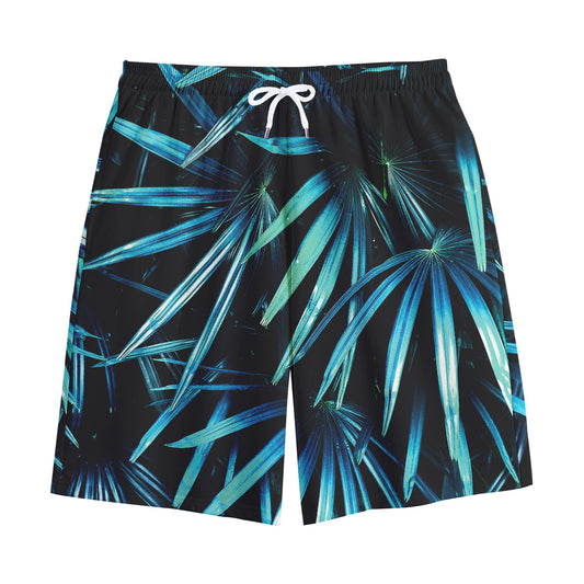Turquoise Tropical Leaves Print Cotton Shorts