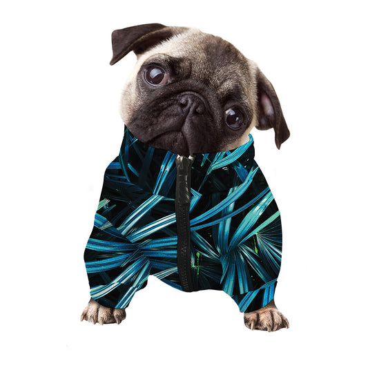 Turquoise Tropical Leaves Print Dog Zip Up Jacket