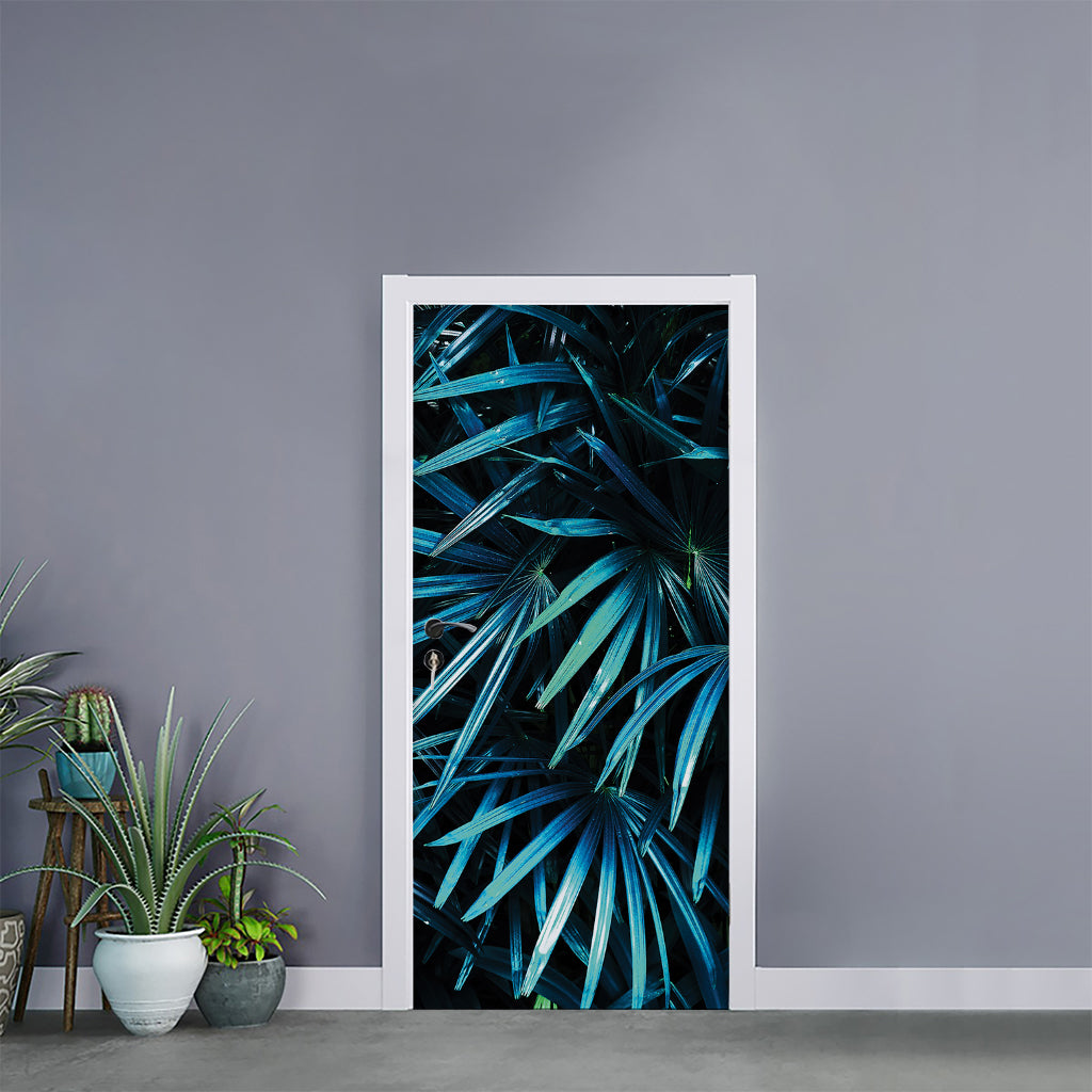 Turquoise Tropical Leaves Print Door Sticker