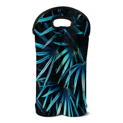 Turquoise Tropical Leaves Print Double Neoprene Wine Tote