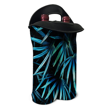 Turquoise Tropical Leaves Print Double Neoprene Wine Tote