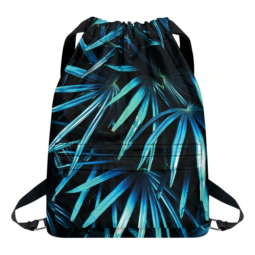 Turquoise Tropical Leaves Print Drawstring Backpack