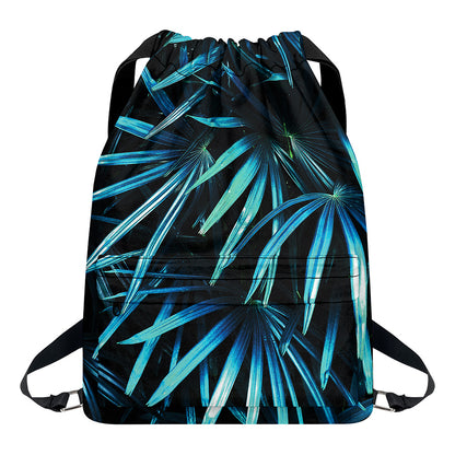 Turquoise Tropical Leaves Print Drawstring Backpack