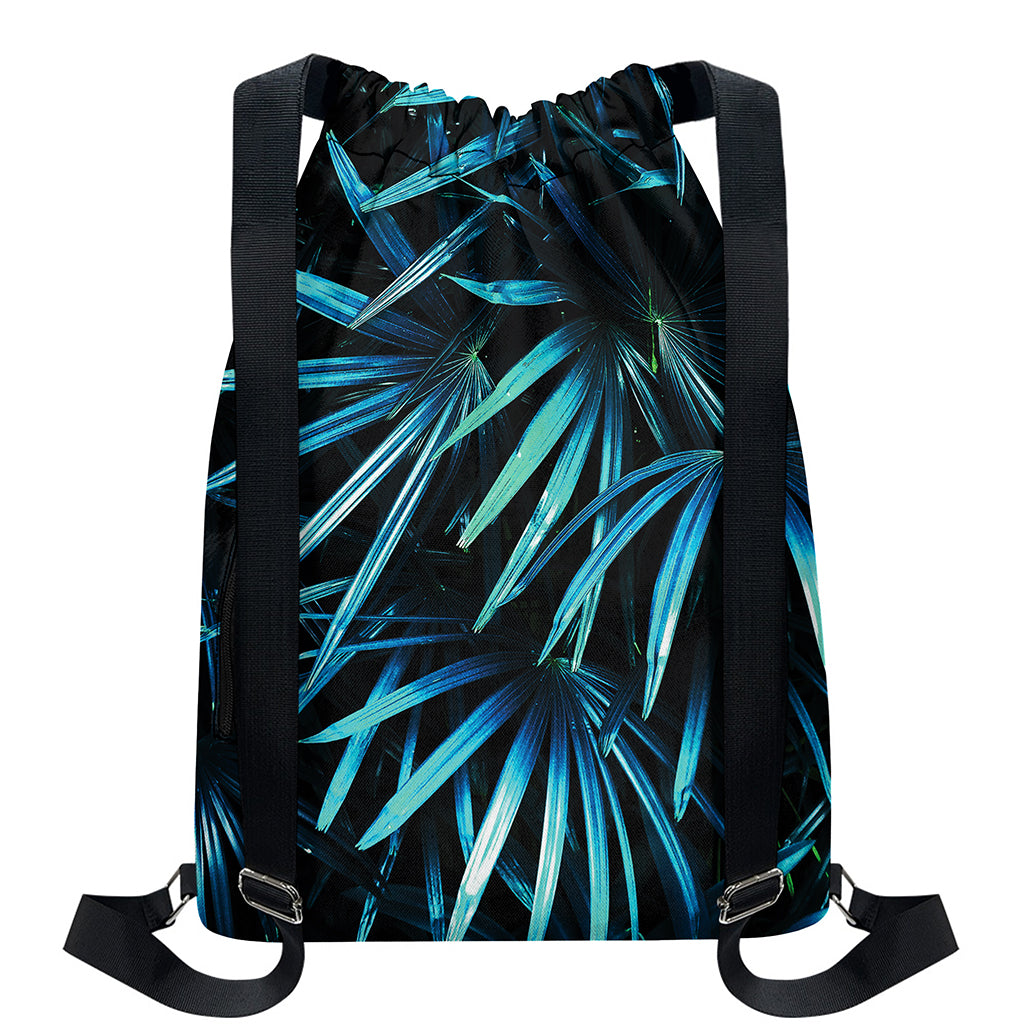 Turquoise Tropical Leaves Print Drawstring Backpack