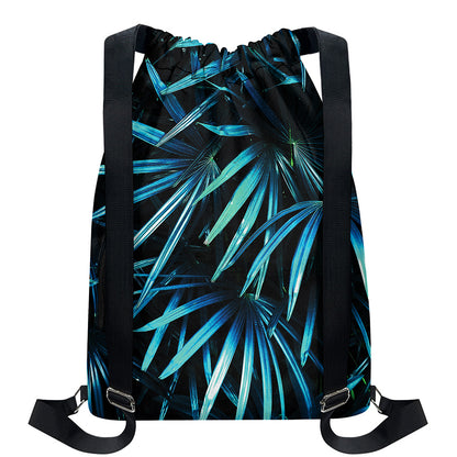 Turquoise Tropical Leaves Print Drawstring Backpack