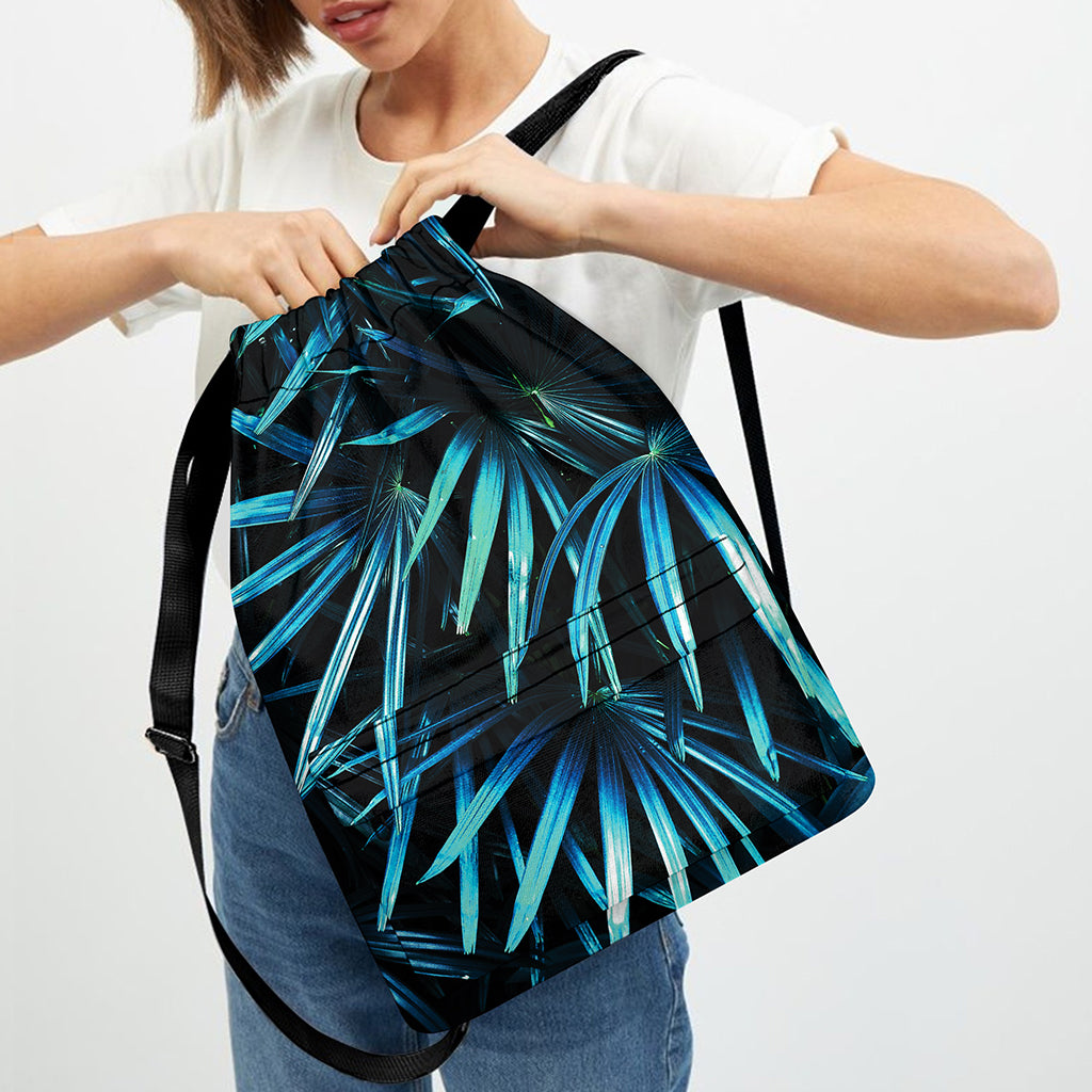Turquoise Tropical Leaves Print Drawstring Backpack