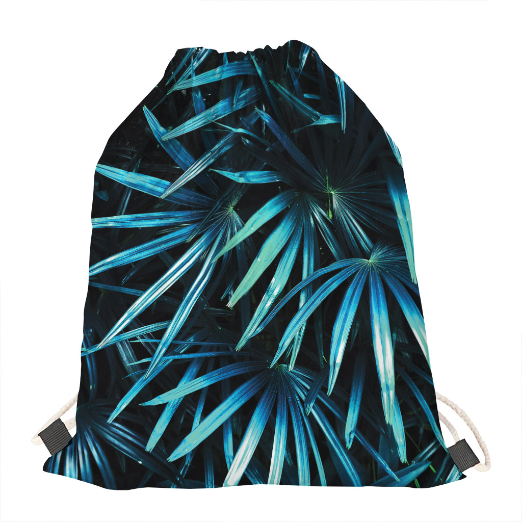 Turquoise Tropical Leaves Print Drawstring Bag