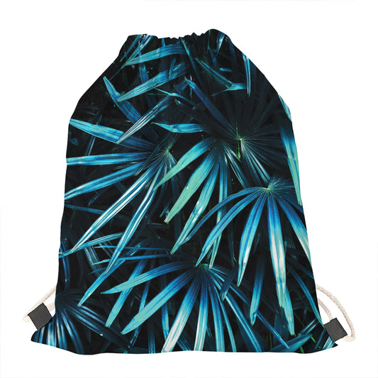 Turquoise Tropical Leaves Print Drawstring Bag
