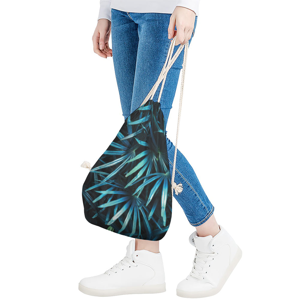 Turquoise Tropical Leaves Print Drawstring Bag