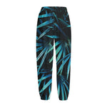 Turquoise Tropical Leaves Print Fleece Lined Knit Pants