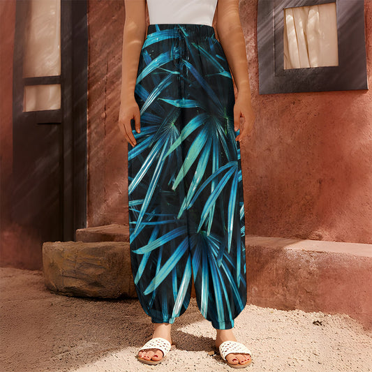 Turquoise Tropical Leaves Print Harem Pants