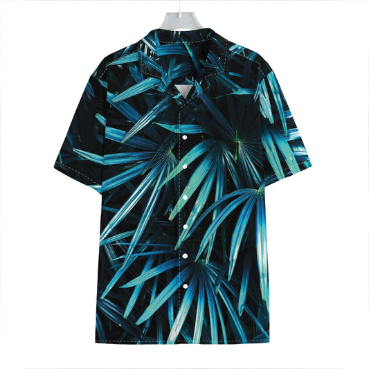 Turquoise Tropical Leaves Print Hawaiian Shirt