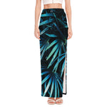 Turquoise Tropical Leaves Print High Slit Maxi Skirt