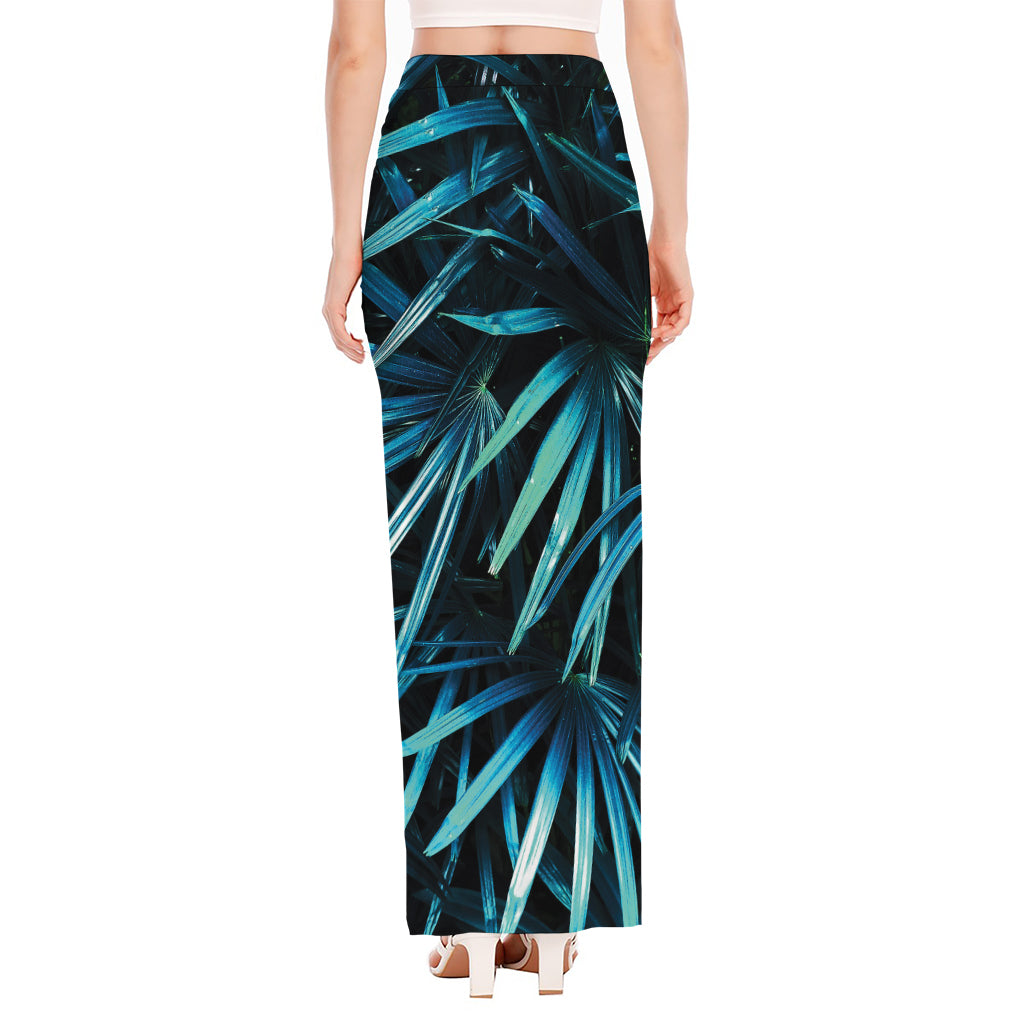 Turquoise Tropical Leaves Print High Slit Maxi Skirt
