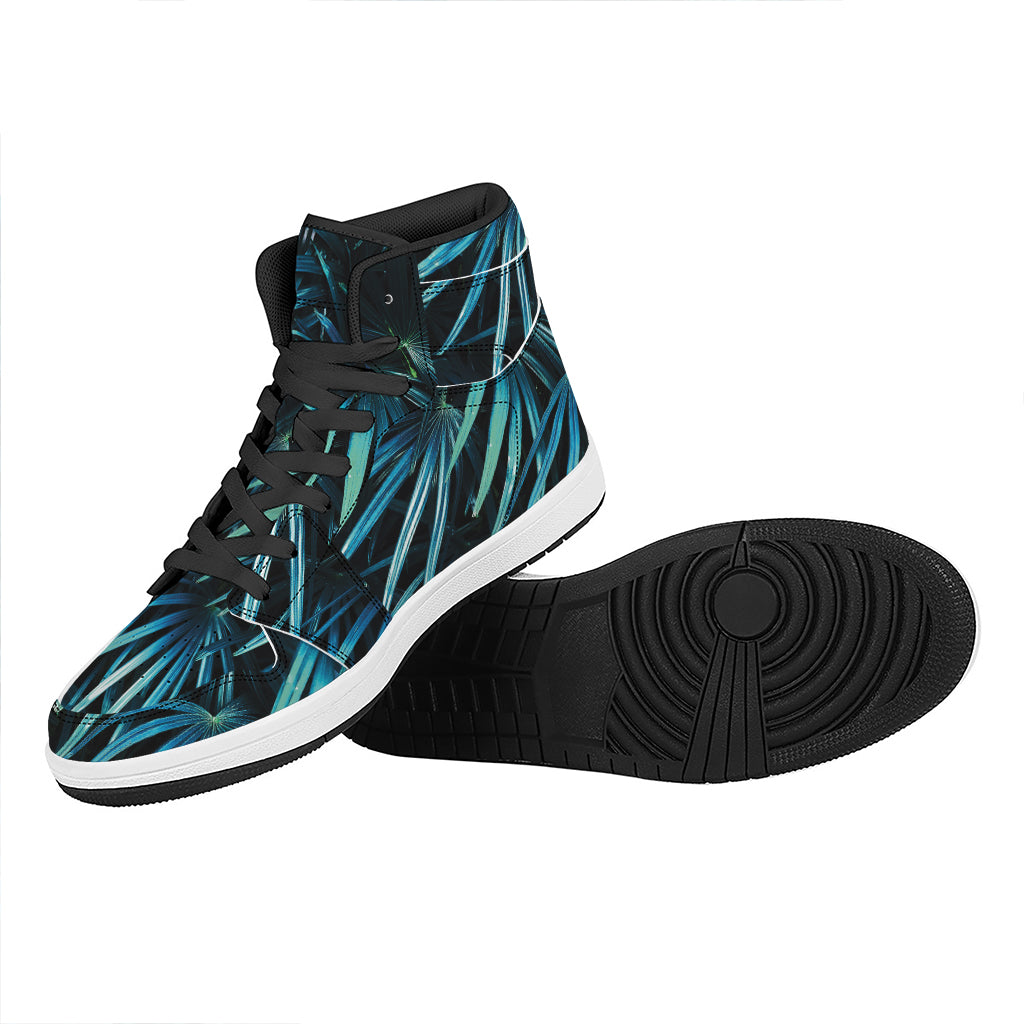Turquoise Tropical Leaves Print High Top Leather Sneakers
