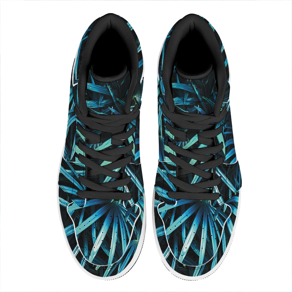 Turquoise Tropical Leaves Print High Top Leather Sneakers