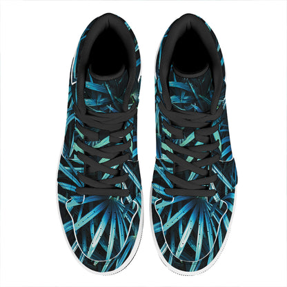 Turquoise Tropical Leaves Print High Top Leather Sneakers