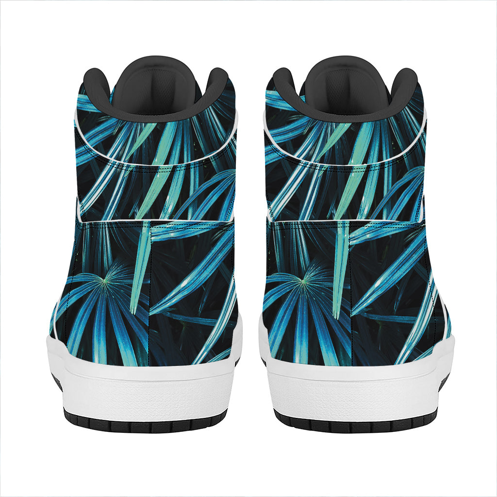 Turquoise Tropical Leaves Print High Top Leather Sneakers