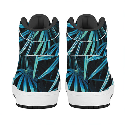 Turquoise Tropical Leaves Print High Top Leather Sneakers