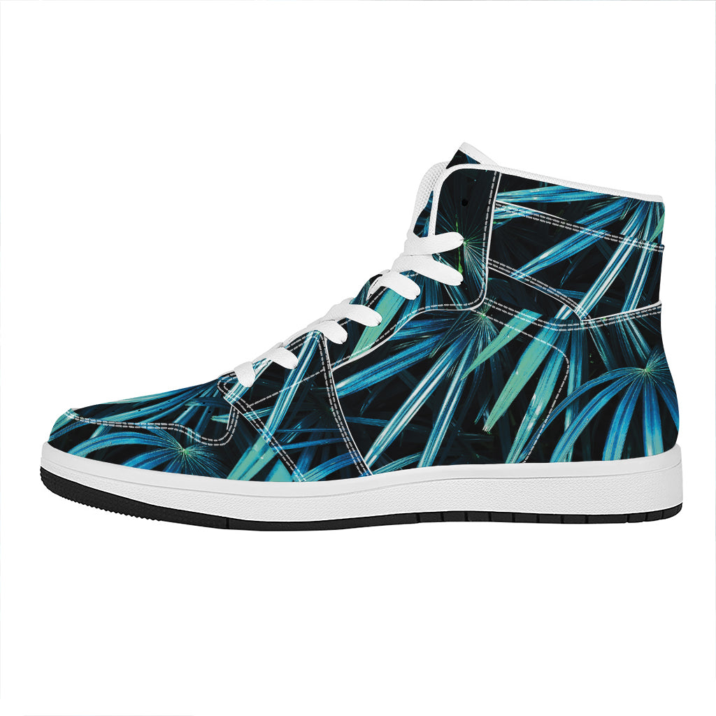 Turquoise Tropical Leaves Print High Top Leather Sneakers