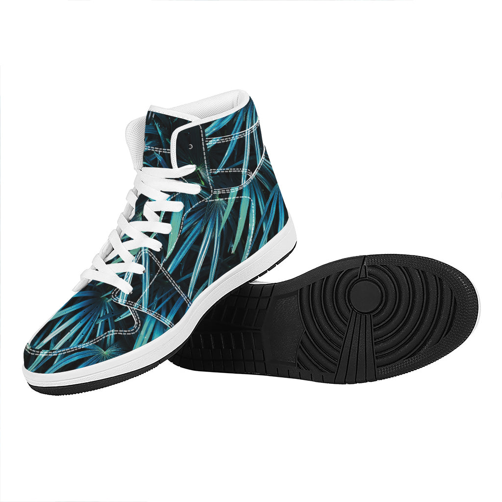 Turquoise Tropical Leaves Print High Top Leather Sneakers