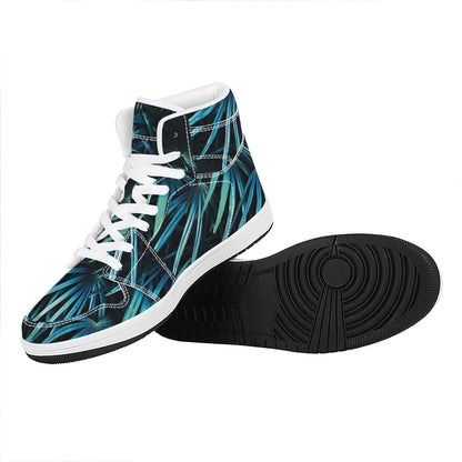 Turquoise Tropical Leaves Print High Top Leather Sneakers