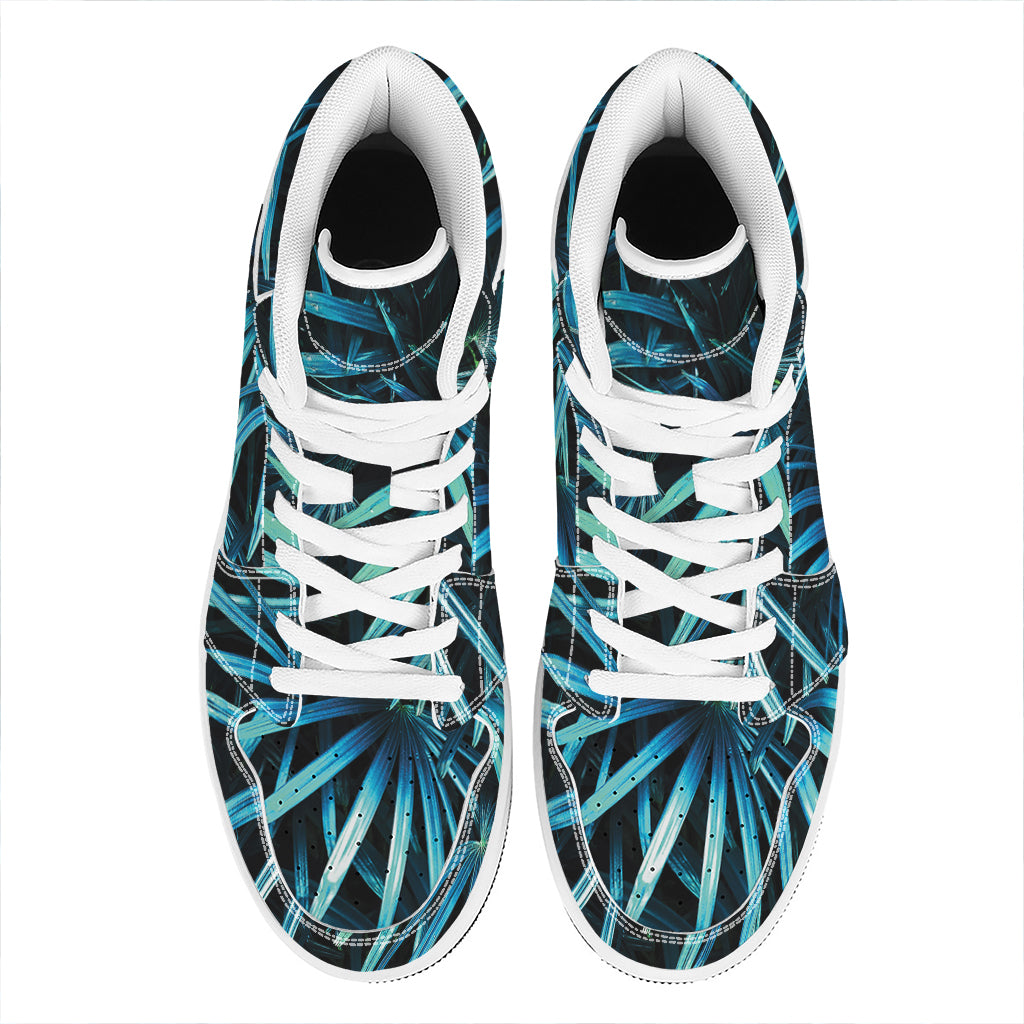 Turquoise Tropical Leaves Print High Top Leather Sneakers