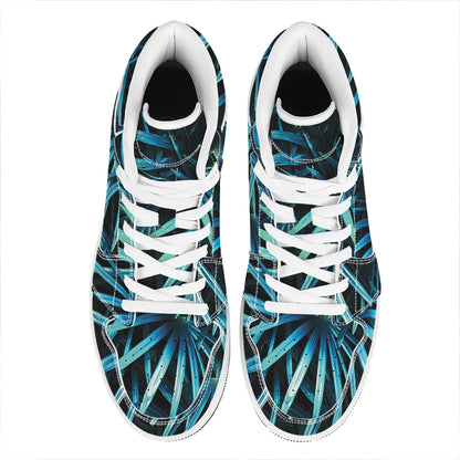 Turquoise Tropical Leaves Print High Top Leather Sneakers