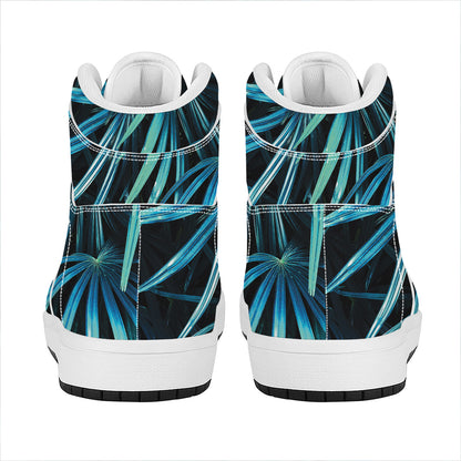 Turquoise Tropical Leaves Print High Top Leather Sneakers