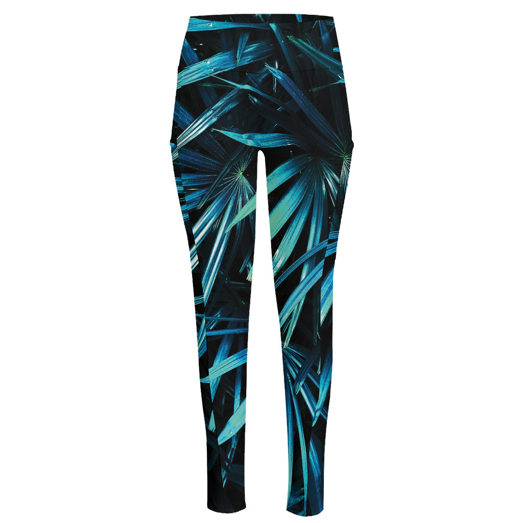 Turquoise Tropical Leaves Print High-Waisted Pocket Leggings