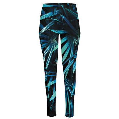 Turquoise Tropical Leaves Print High-Waisted Pocket Leggings