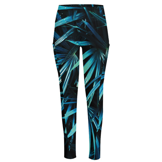 Turquoise Tropical Leaves Print High-Waisted Pocket Leggings
