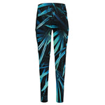 Turquoise Tropical Leaves Print High-Waisted Pocket Leggings