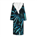 Turquoise Tropical Leaves Print Hooded Bathrobe