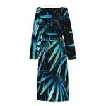 Turquoise Tropical Leaves Print Hooded Bathrobe