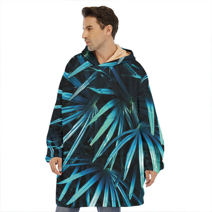 Turquoise Tropical Leaves Print Hoodie Blanket