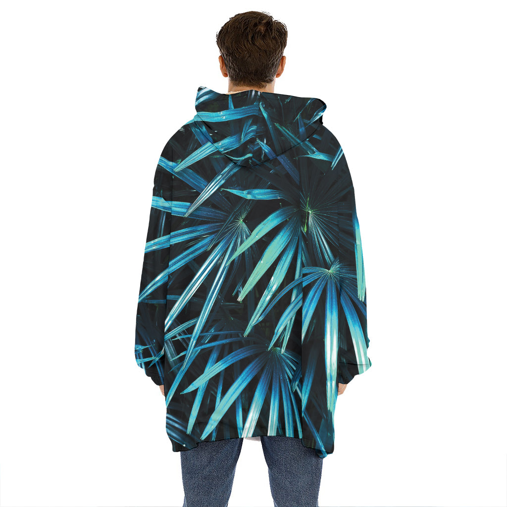 Turquoise Tropical Leaves Print Hoodie Blanket