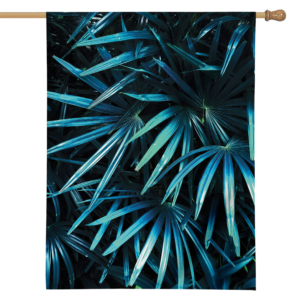 Turquoise Tropical Leaves Print House Flag
