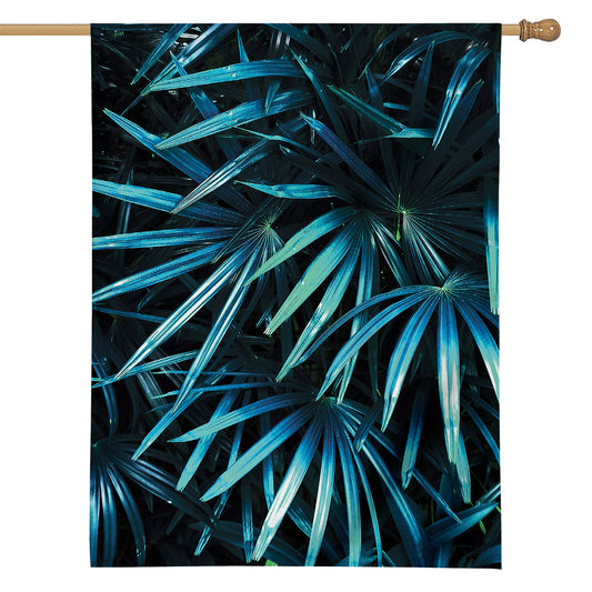 Turquoise Tropical Leaves Print House Flag