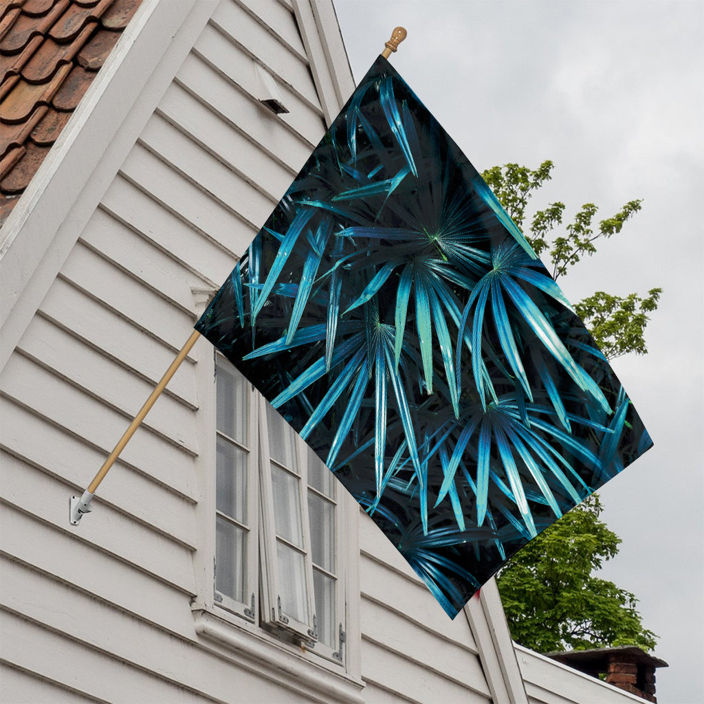 Turquoise Tropical Leaves Print House Flag