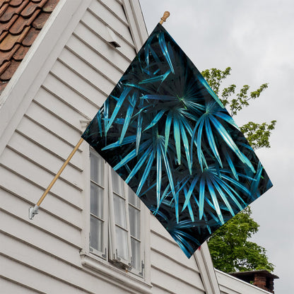 Turquoise Tropical Leaves Print House Flag