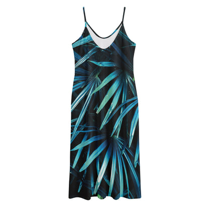 Turquoise Tropical Leaves Print Jersey Midi Cami Dress