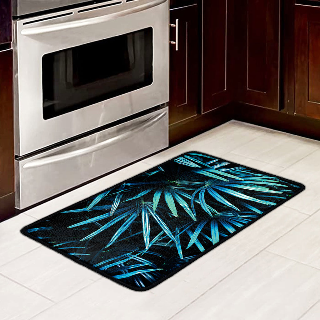 Turquoise Tropical Leaves Print Kitchen Mat