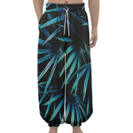 Turquoise Tropical Leaves Print Lantern Pants