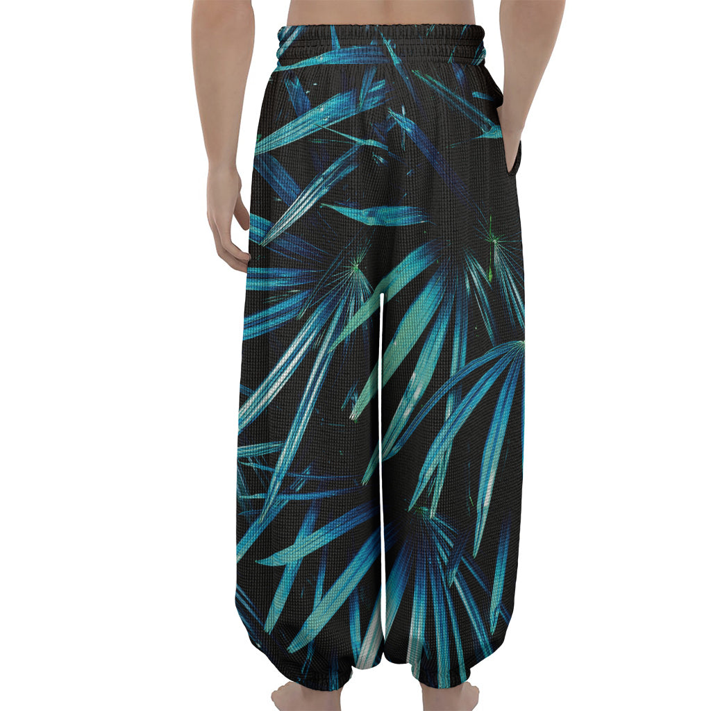 Turquoise Tropical Leaves Print Lantern Pants